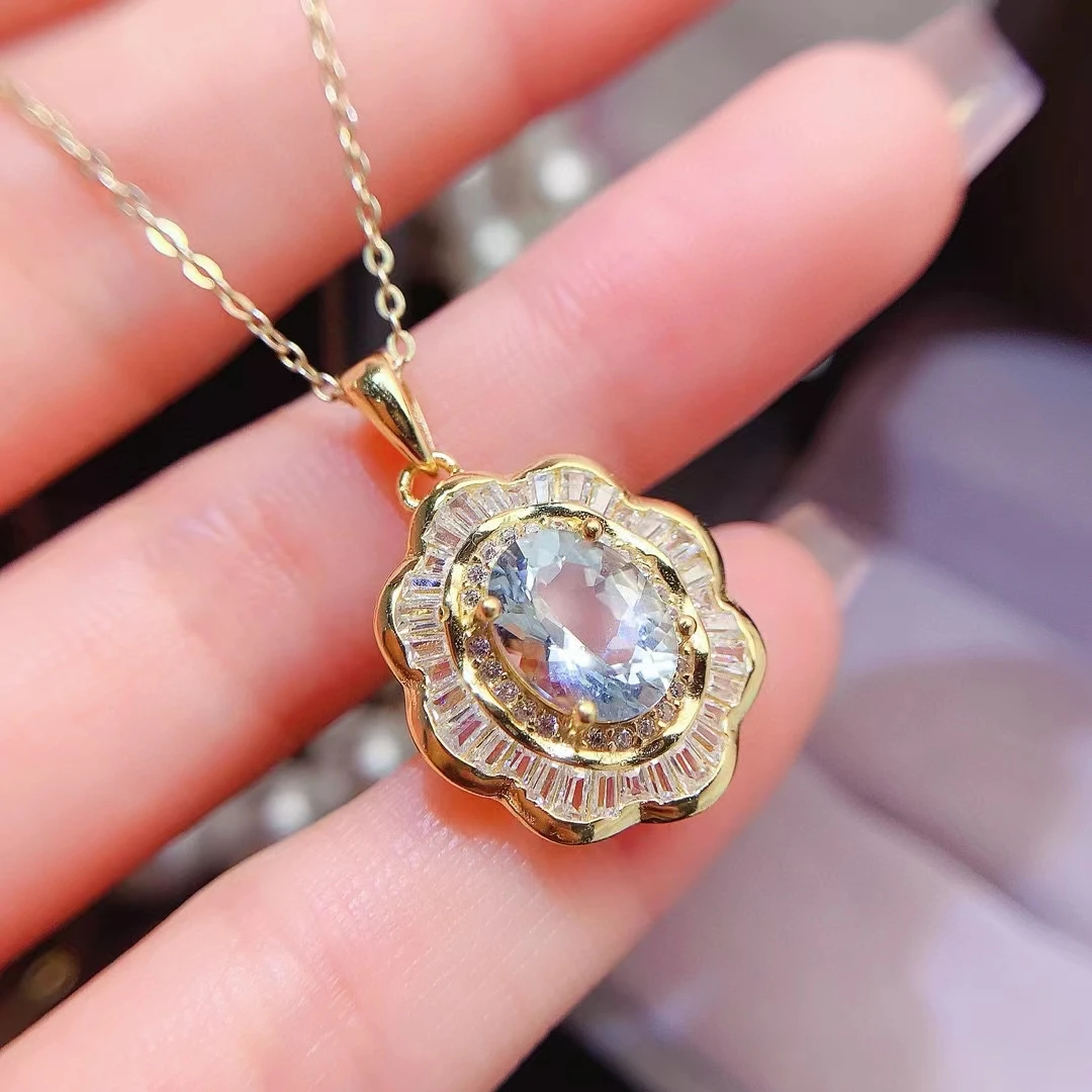 

Solid 925 Silver Aquamarine Pendant 7mm*9mm 2ct Natural Aquamarine Necklace Pendant with 3 Layers 18K Gold Plated Jewelry