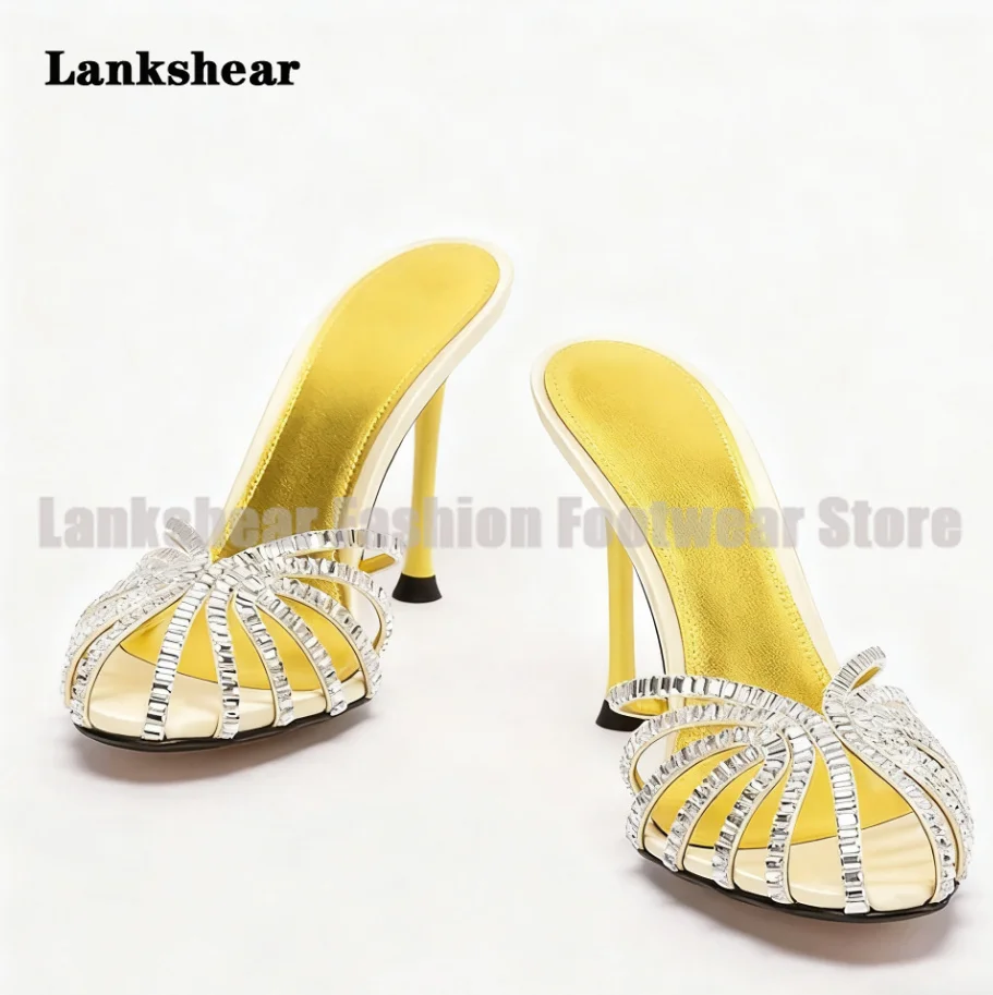 

Gemstone Caged-Toe Slippers Stiletto Heels Slip On Mules Women Shoes Summer Round Toe High Heels Sandalias De Mujer Verano