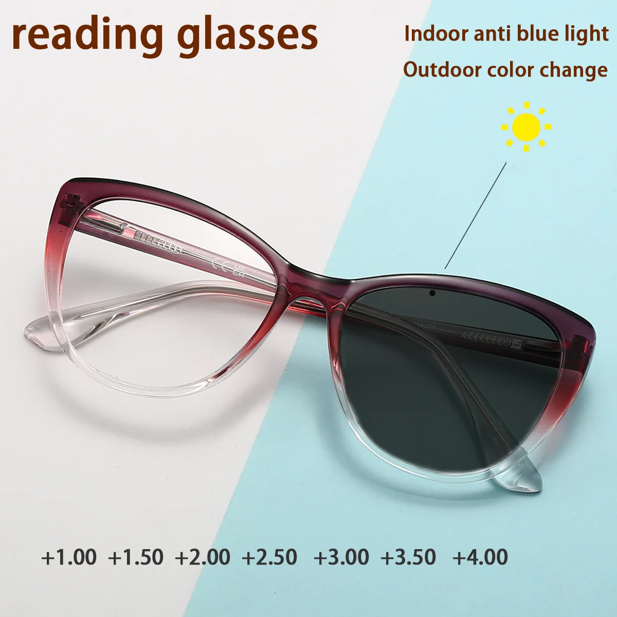 

Fytoo Women's Gradient Red Cat - Eye Anti - Blue Light Photochromic Reading Glasses Fashion Presbyopic Eyeglasses A1009JH