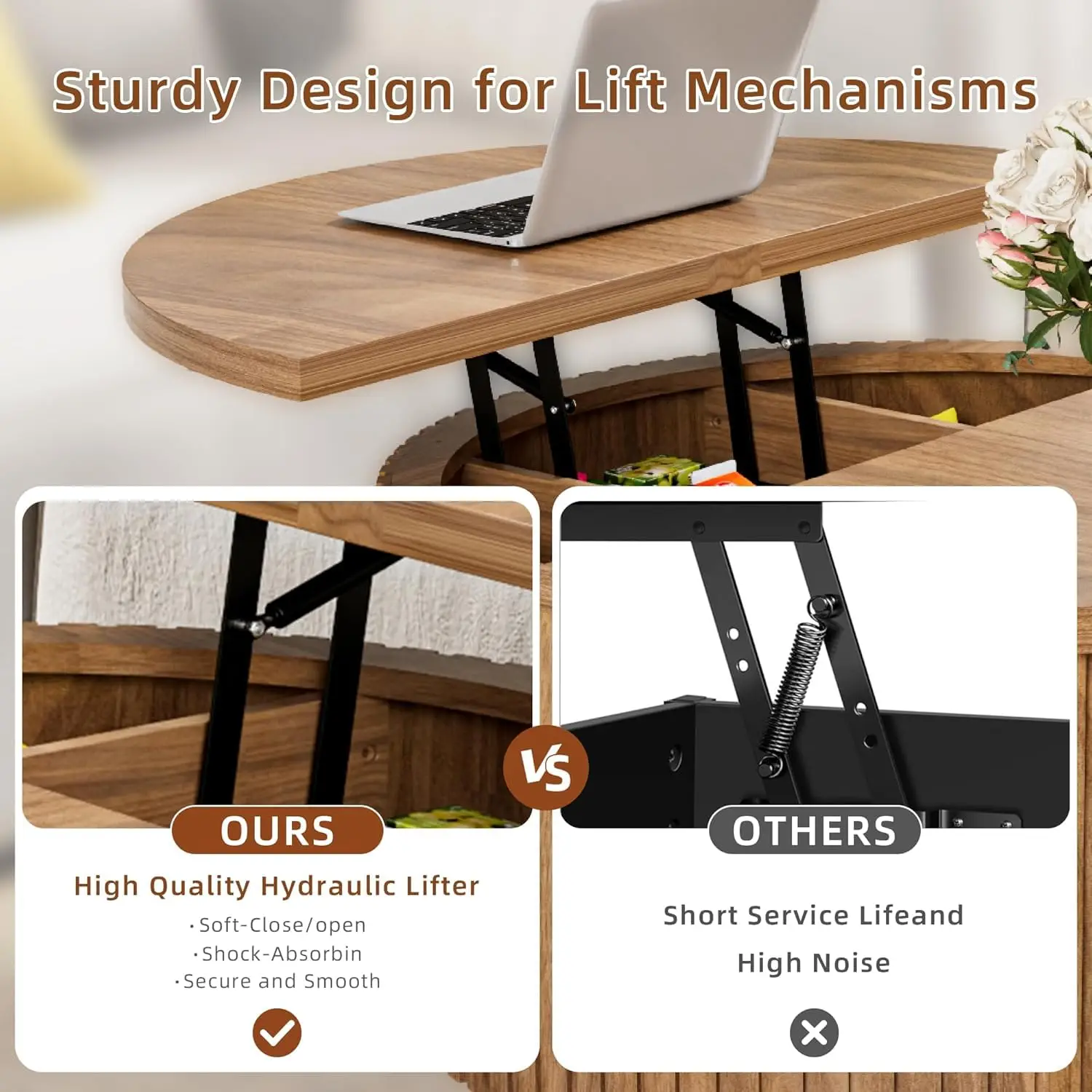 숨겨진 수납 공간이 있는 라운드 리프트 탑 커피 테이블, 거실용 31.6인치 모던 커피 테이블, 원형 목재 플루티드