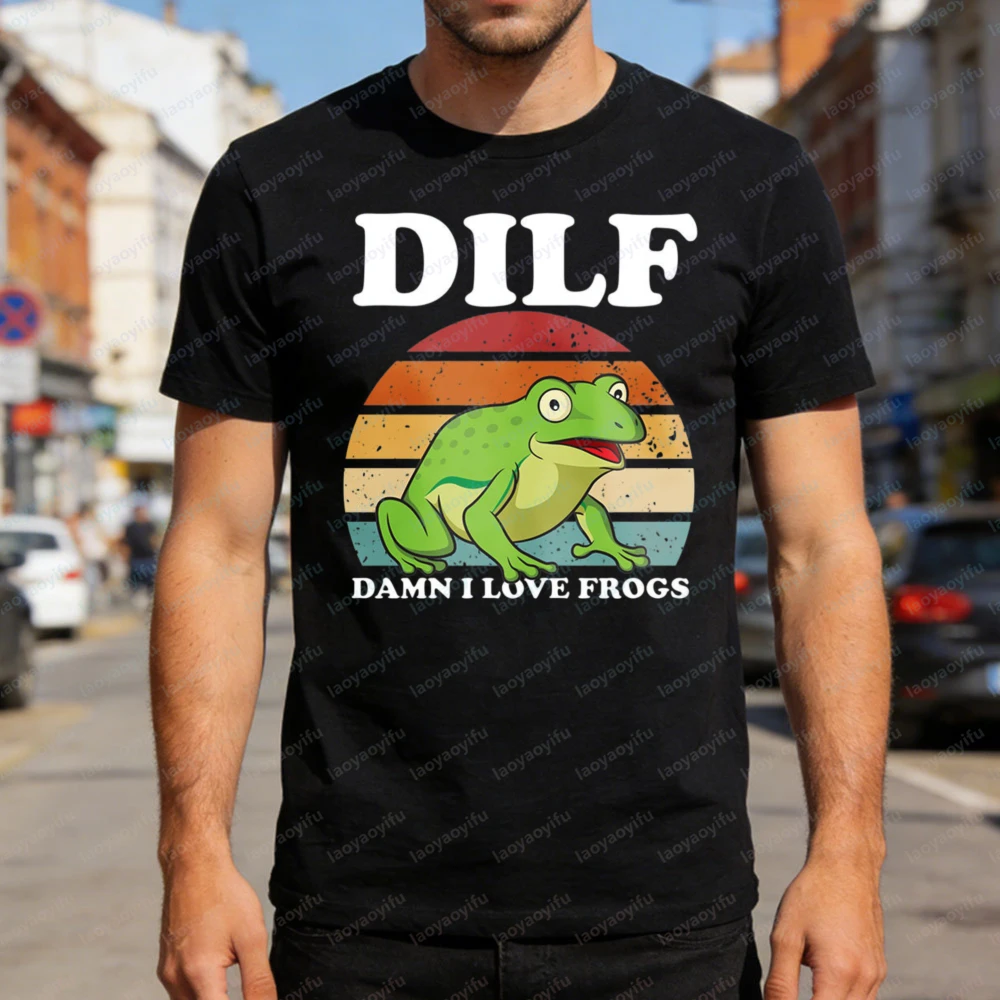Frog DILF Damn I Love Frogs Men T-Shirt Vintage Funny Graphic Summer Casual Gift for Frog Lovers and Humor Fans