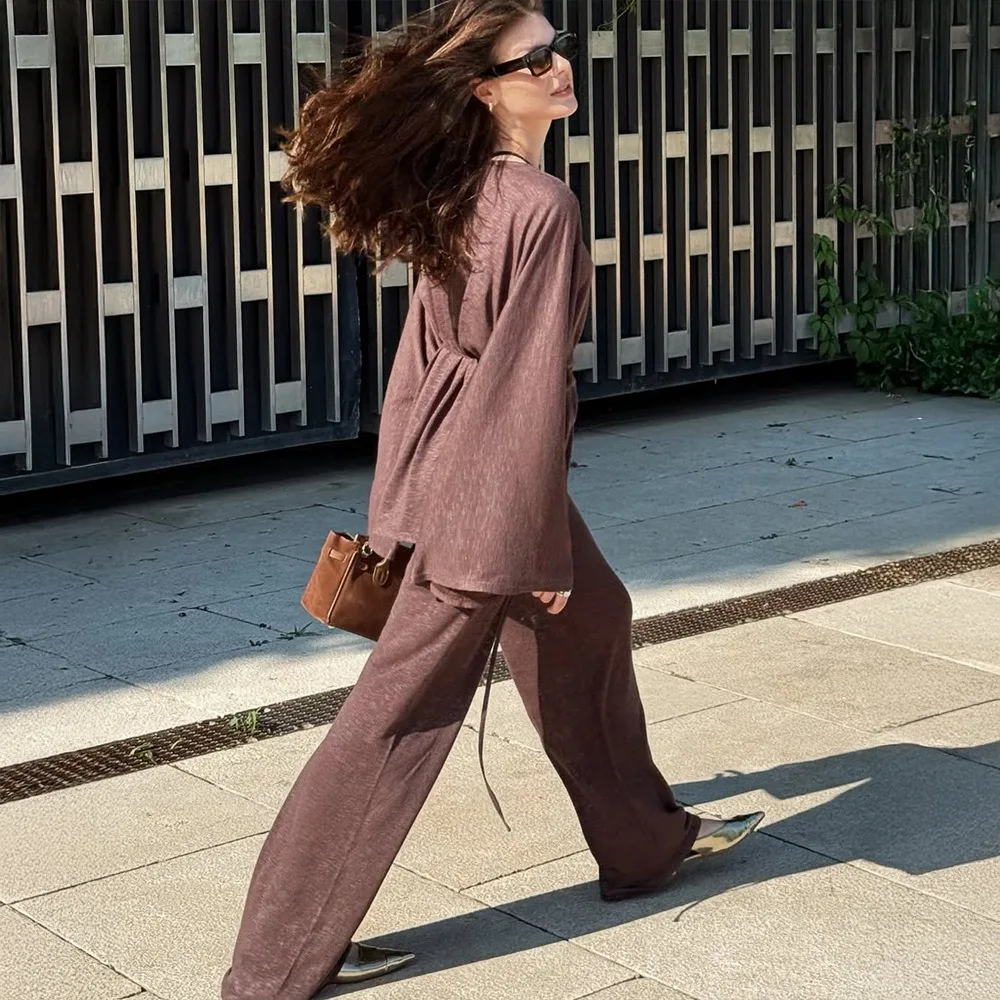 Faul Stil Modal Pyjama Anzug Herbst und Winter Frauen Einfache Feste Lose Weiche Warme Casual Lace Up Strickjacke Breite Bein Hosen 2 stücke