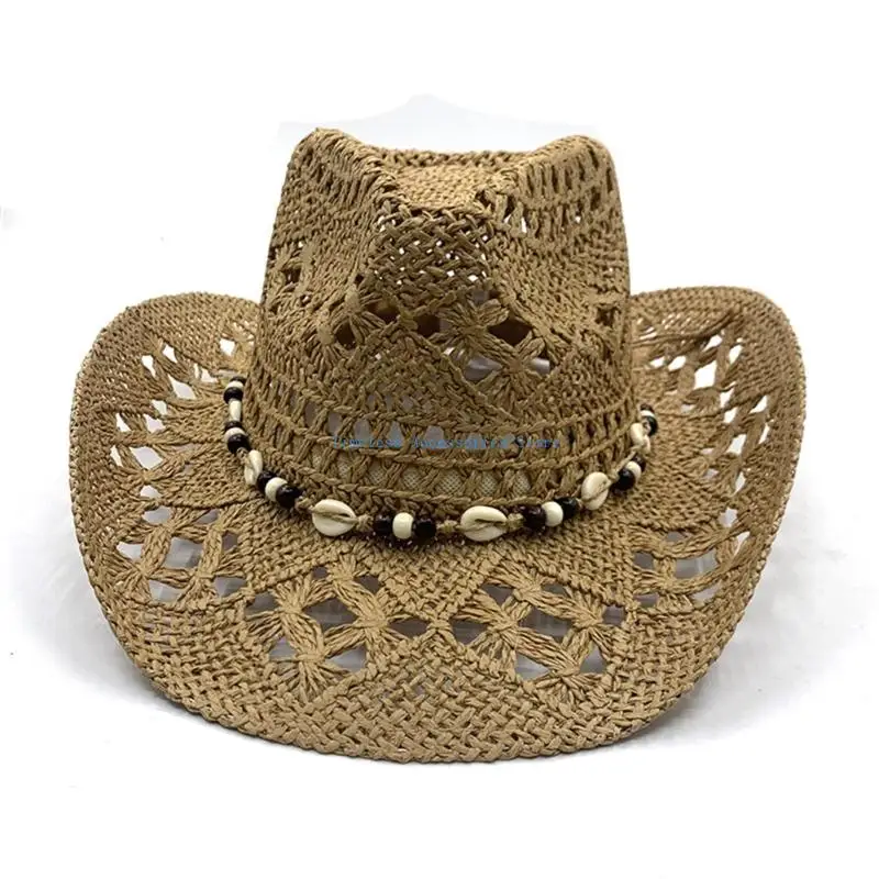 97QE Cappello paglia alla a larga con decorazioni conchiglie per accessori per festival musicali unisex per e