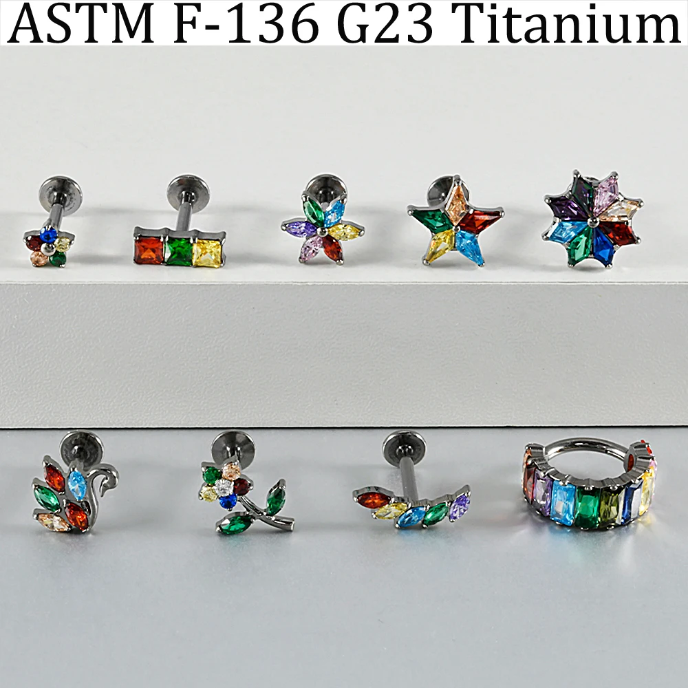 1/2PCS  Rainbow CZ Flower Marquise Labret Nose Stud F-136 Solid Titanium 16G Internal Threaded Cartilage Helix Lobe Earring