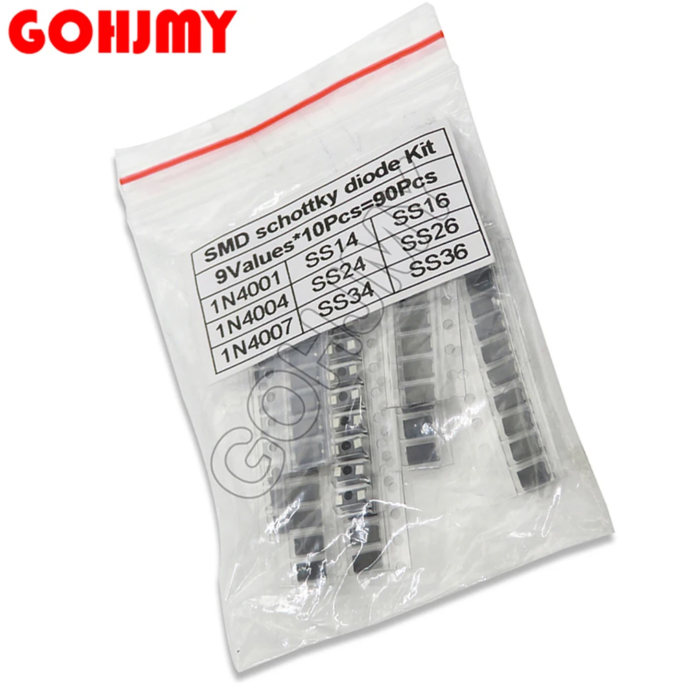 9Values X 10PCS 90PCS/Set SMD Schottky Diode Assort Kit 1N4007 1N4001 1N4004 SS14 SS24 SS34 SS16 SS36 SS26 