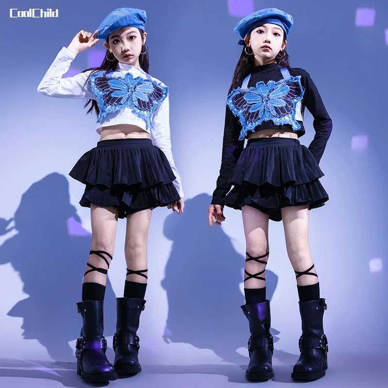 

Girls Hip Hop Crop Top Sweet Butterfly Vest Layered Skirts Kids Streetwear Children Jazz Street Dance Cheerleader Clothes Sets