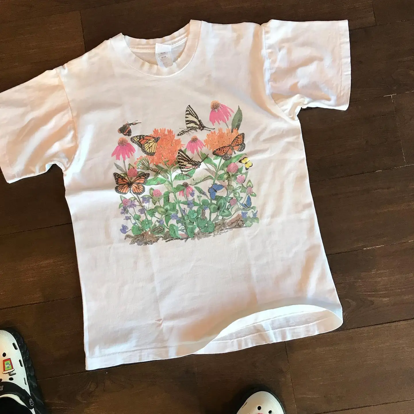 Healing Countryside Style Hand-Painted  And Wild Flowers Short Sleeve Drop Shoulder Top Cotton Skin-Friendly Breathable