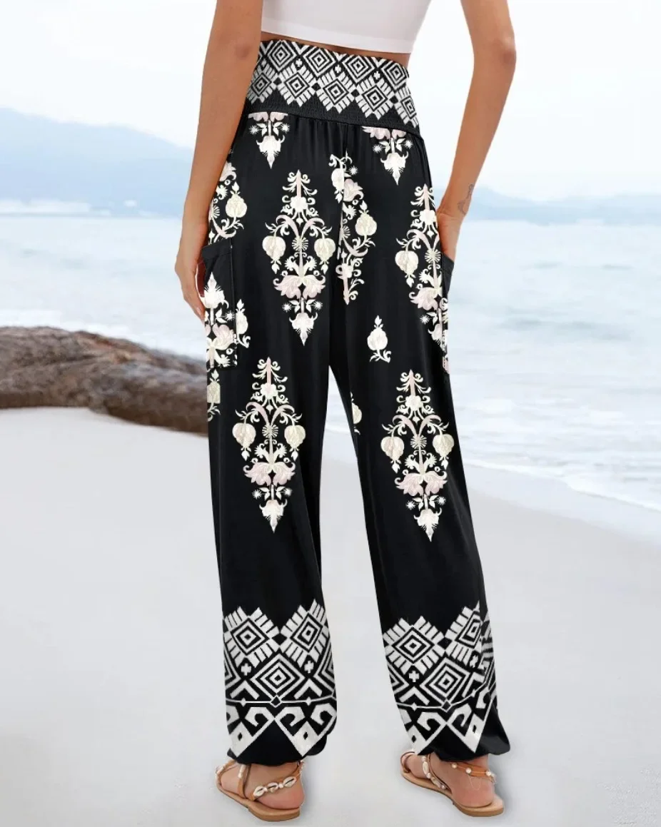 Damen Boho Bedruckte Haremshose mit Hoher Taille, Elastischem Bund, Seitentaschen, Lockere Hose für Strandurlaub und Freizeit – Detail 7