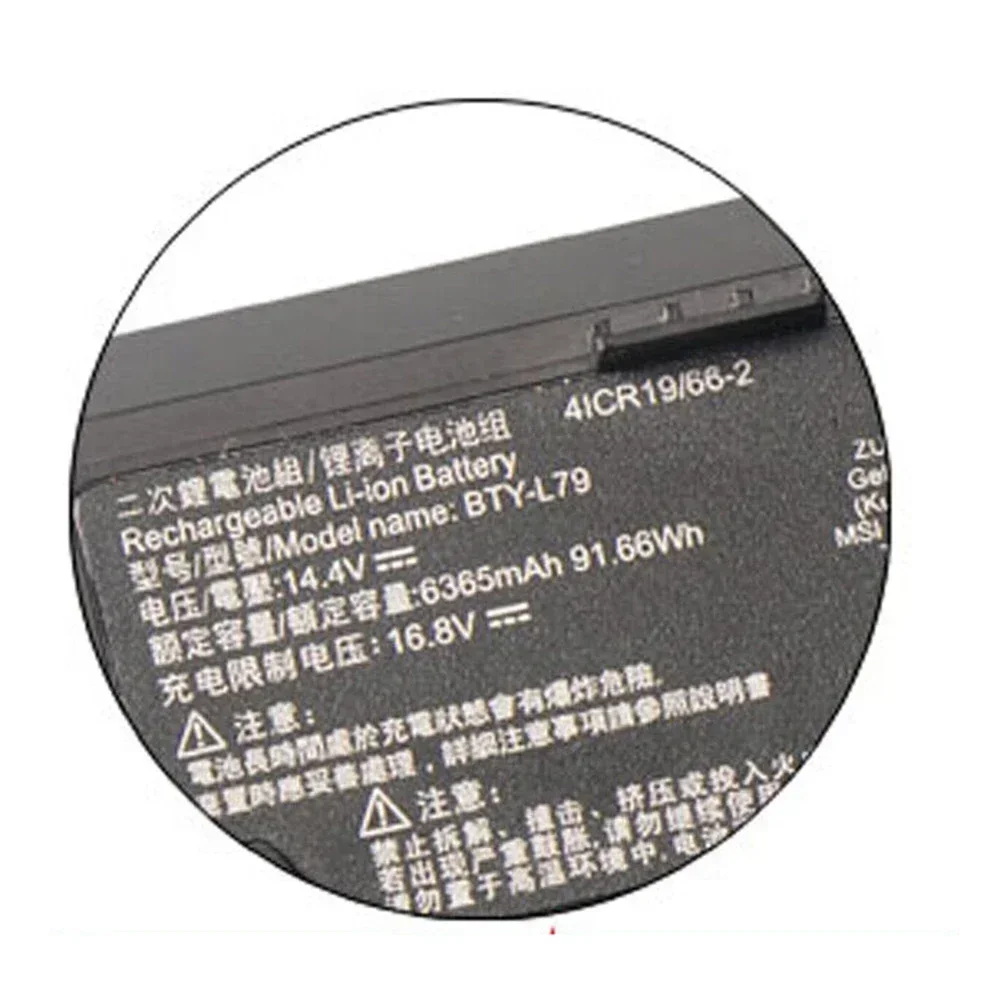 Genuine High quality BTY-L79 14.4V 91.66Wh Laptop Battery for MSI HTCVIVE VR One 7RE-231CN Series 4ICR19/66-2
