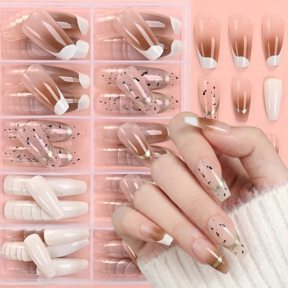 120pcs/box Mixed Medium-Long French Ballet Press On Nails Ice-Transparent Brown&White Acrylic Fake Nails Full Cover Nail Tips