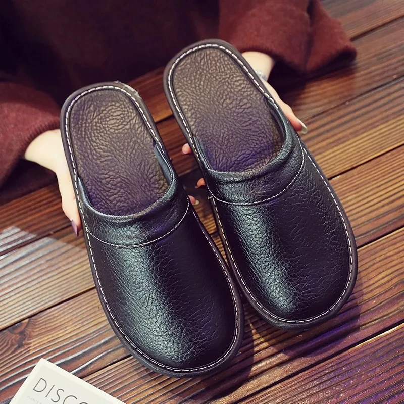 Black Leather Slippers for Men Luxury size12 13 14 High Quality Men\'s Spring Runway Shoes 2022 Indoor Leather Slides for Husband