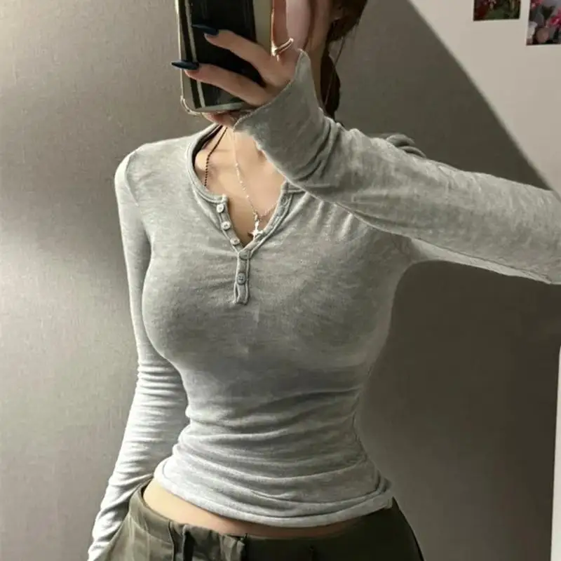 Korean Spring Summer Women See-through T-Shirts Half-Open Collar Button Tops Fashion Versatile Long Sleeve Tight-fitting Tees
