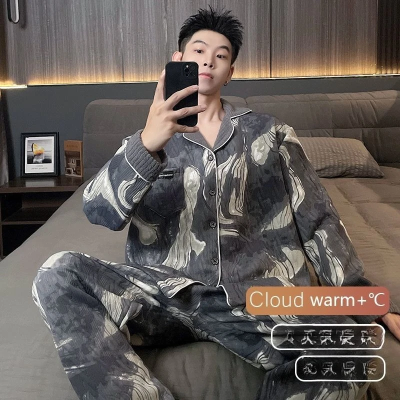 2026 بيجامة رجالية من القطن الهوائي الدافئ للشباب ومتوسطي العمر طقم ملابس للاستلقاء 145 كجم سترة ساندويتش قطن شتوي مقاس كبير ملابس داخلية