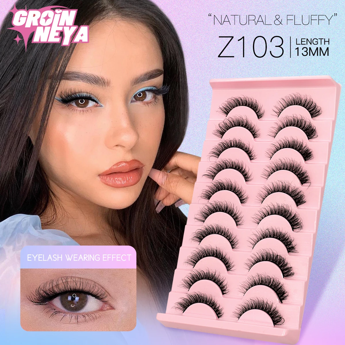 GROINNEYA Natural Long 10 Pairs 3D Mink False Eyelashes Fake Lashes Makeup Kit Mink Lashes Cat Eye Lashes Short Eyelashes