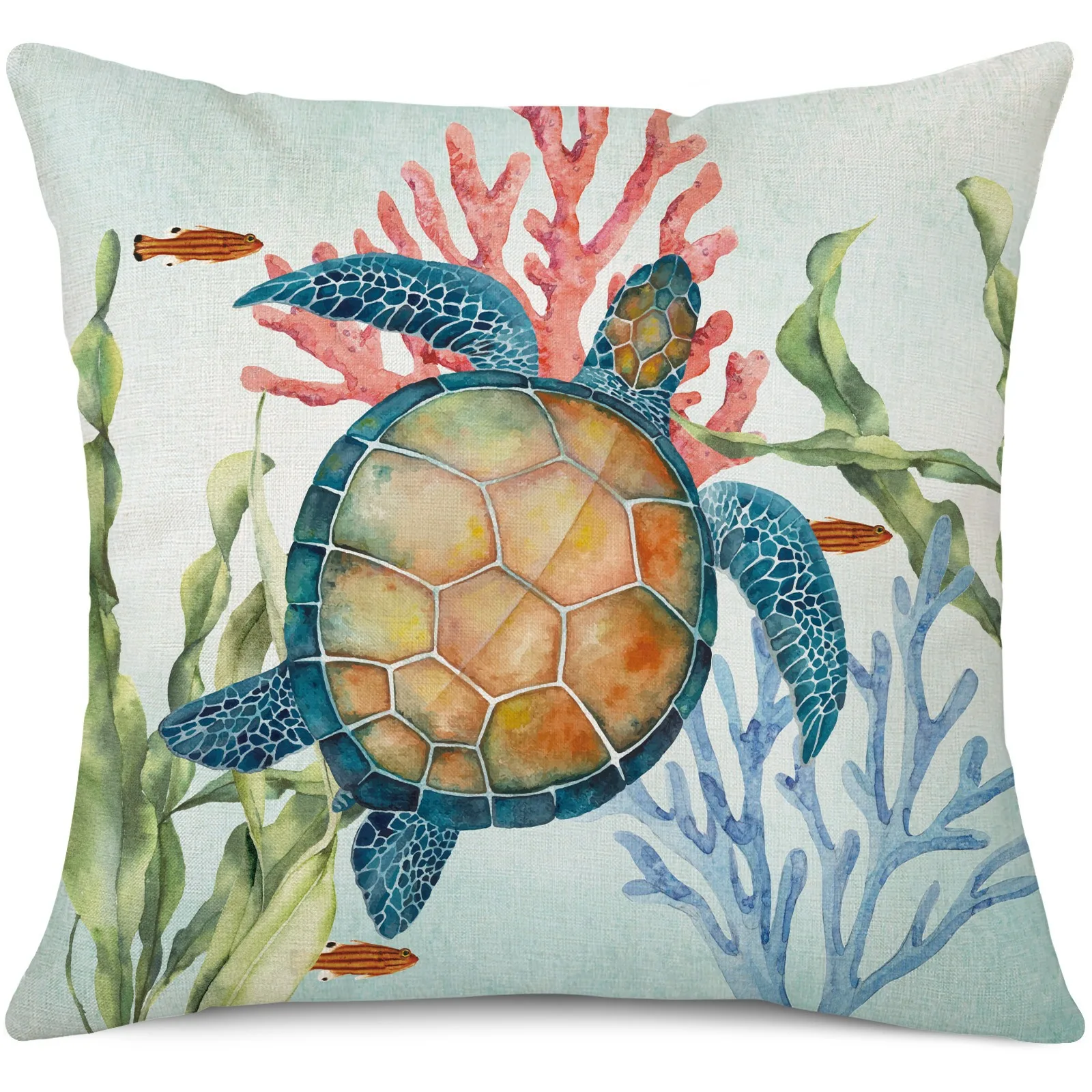 Watercolor Sea Turtle Cushion Cover Peach Skin Coastal Ocean Coral Throw Pillow Case for Sofa Living Room Beach House Decor