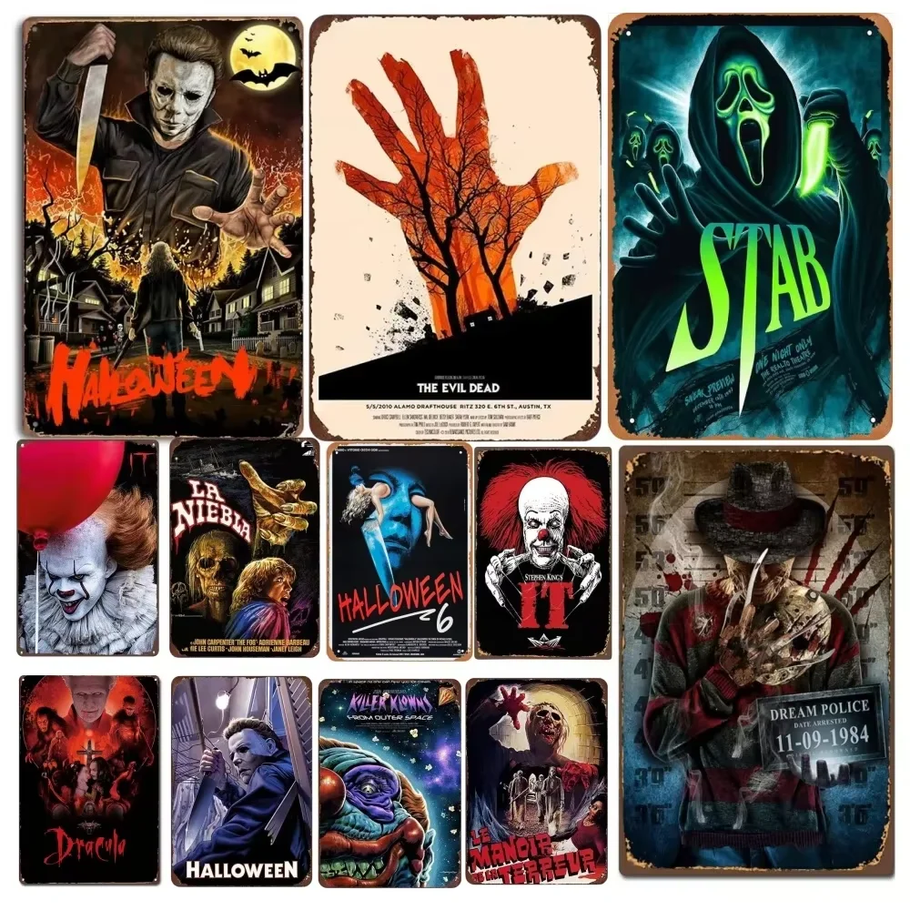 Retro Halloween Metal Sign Horror Movie Theme Shabby Iron Painting Signs Wall Art for Man Cave Film Theater Club Home Decoration