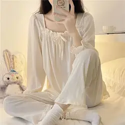 Square Collar Sleepwear Women Pajama Sets Solid Color Piiama Ruffles Pants Sets for Women 2 Pieces Autumn Night Wears Home Suit