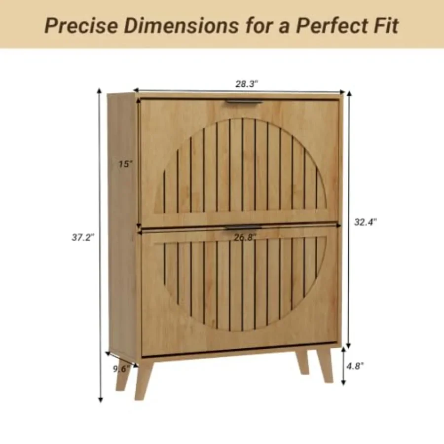 Shoe Storage Cabinet for Entryway, Foyer, Hallway Natural Wood-Grain Fluted Panel Doors, Freestanding Narrow Design with 2 Flip