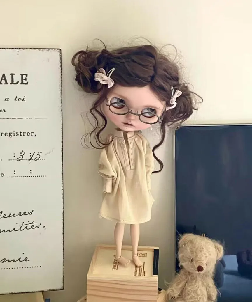 1pcs vintage reto style 2025 Blythe/landoudou Champagne linen one-piece dress (Fit for Lulu,ymy24,Ob22,24,26,zone, Jenny)