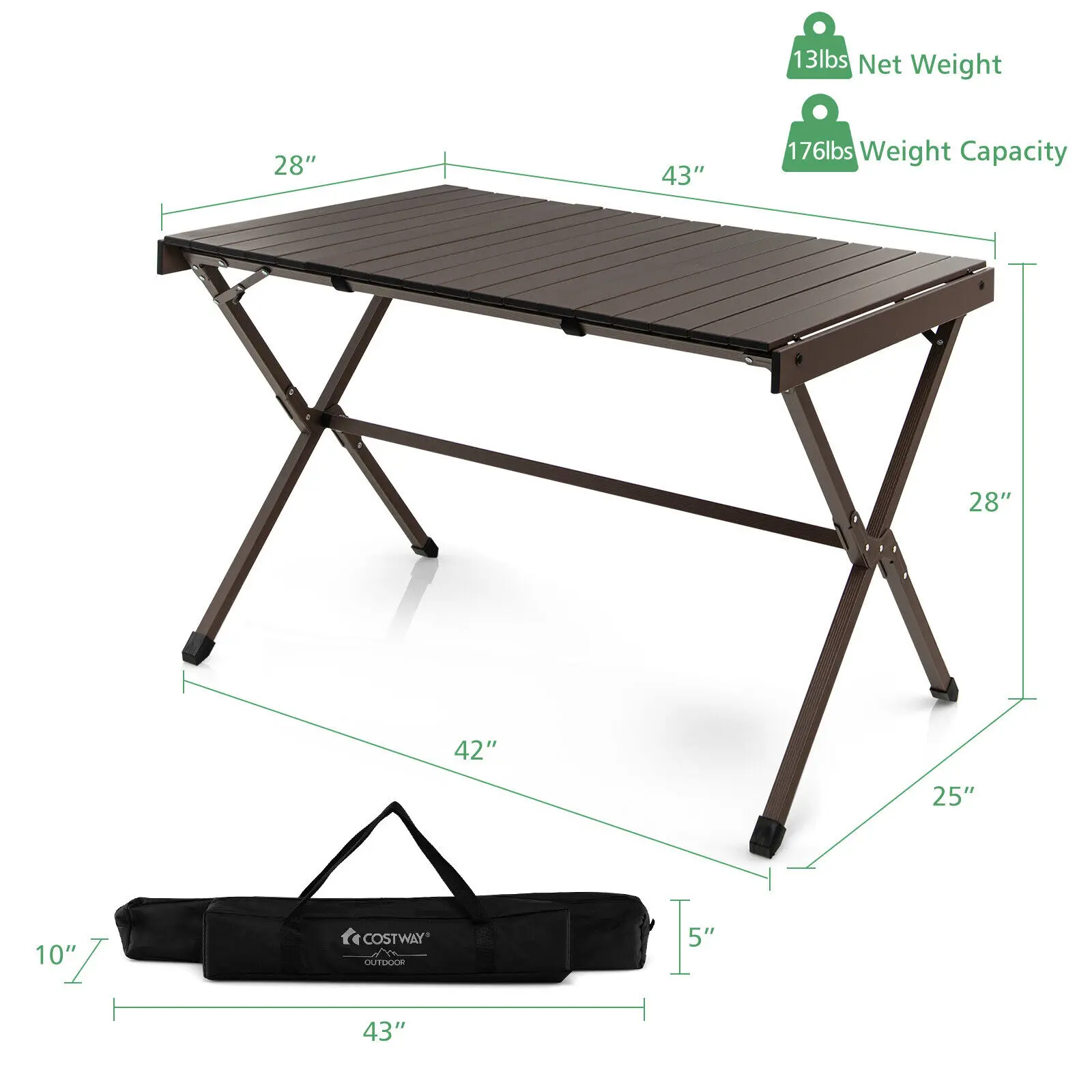 Costway 4-6 Person Portable Aluminum Camping Table Lightweight Roll Up Table Brown