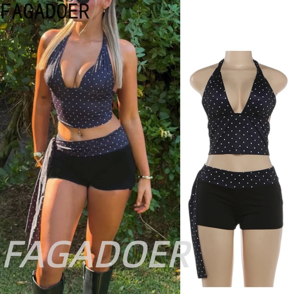 

FAGADOER Fashion Polka Dot Halter V Neck Two Piece Sets Sexy Slim Backless Crop Top And Lace Up Skinny Shorts Outfits For Women