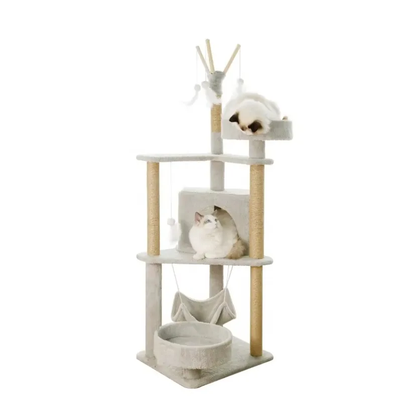 Multi Layer Grey Cat Tree Tower Short Plush Cat Trees & Scratcher with Hanging Feather