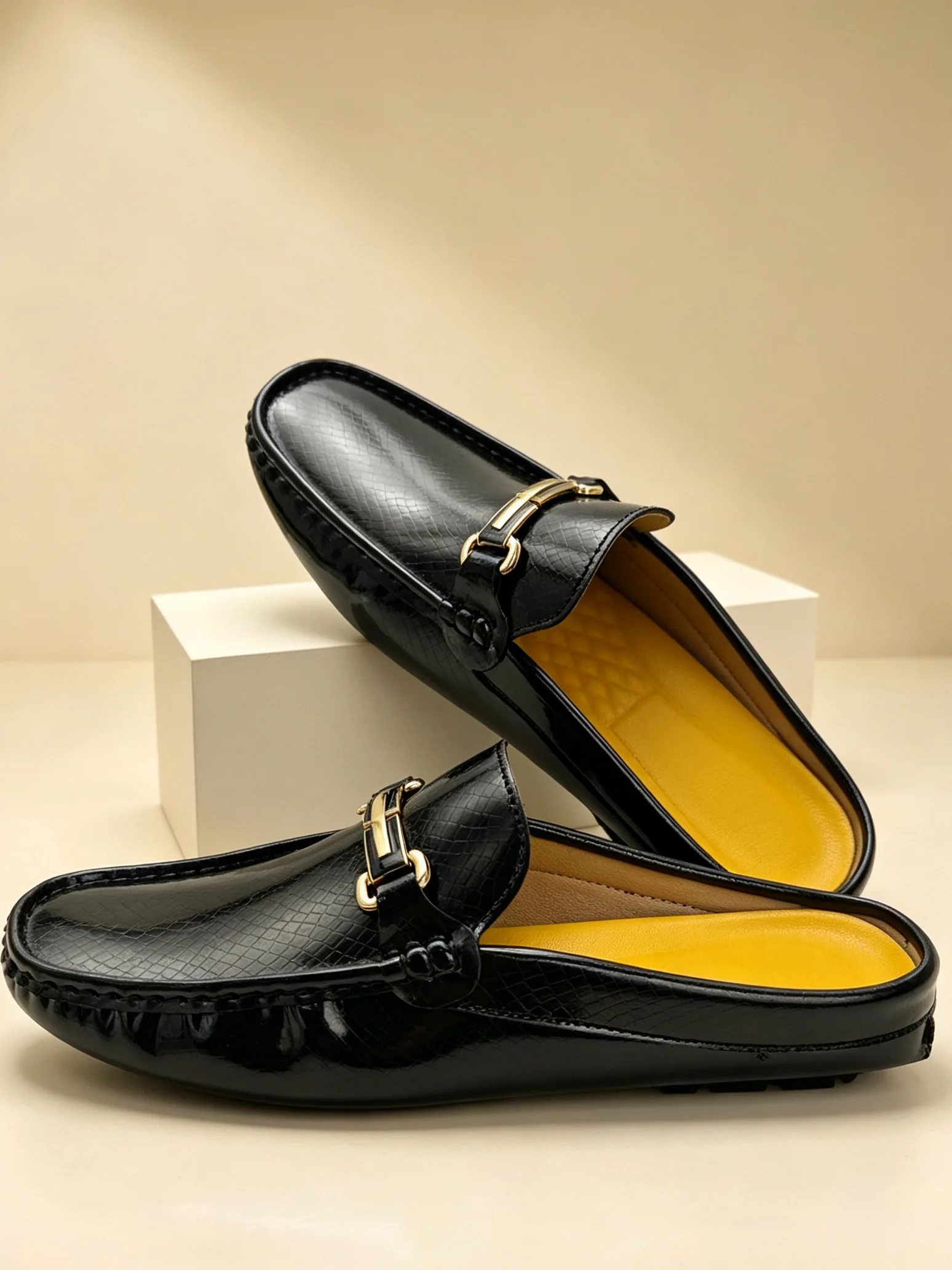 Summer Mules Men Half Shoes Patent Leather Mens Semi-Drag Casual Shoes Backless Loafers Slippers Male Slides Large Size 40-46