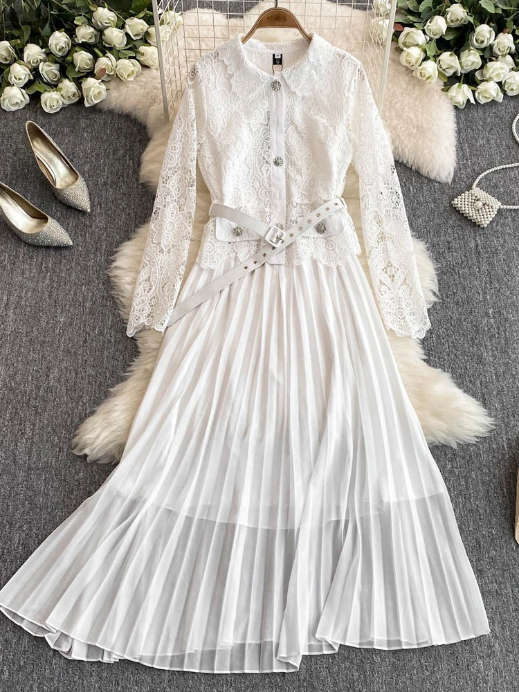 Autumn Hollow Out Flower Embroidery White Lace Chiffon Dresses Women's Diamonds Buttons Belt Evening Vestidos Party Wedding Robe