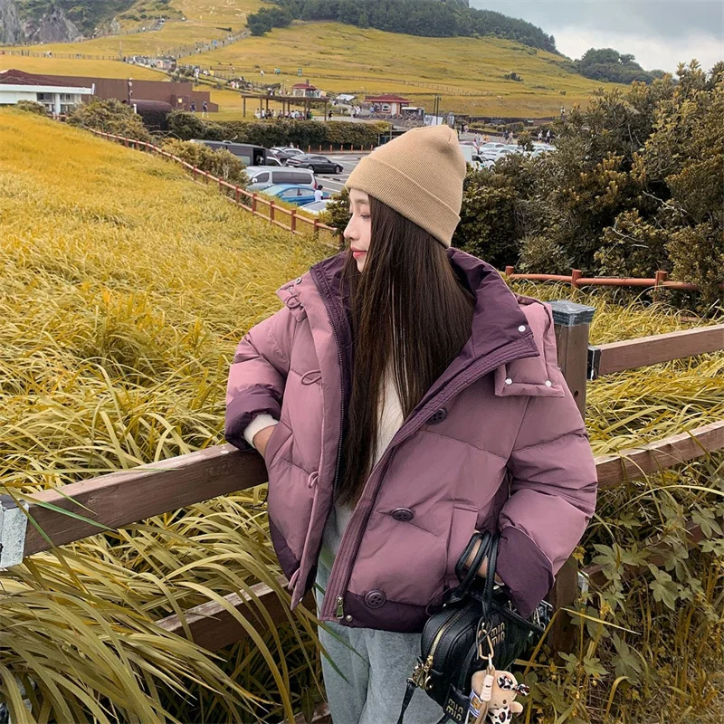

2025 Winter New Padded Overcoat Parkas Women's Purple Short Down Cotton Jacket Thick Hooded Outerwears Fashion Loose Cotton Coat