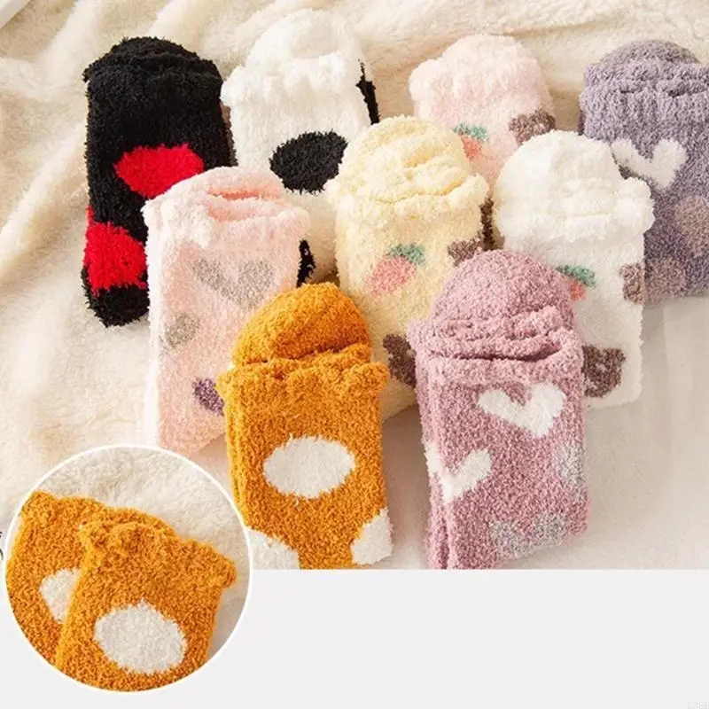 L38E 10 Pairs Women Winter Microfiber Fuzzy Slipper Socks Heart Dot Bear Printed Warm Sleeping Hosiery