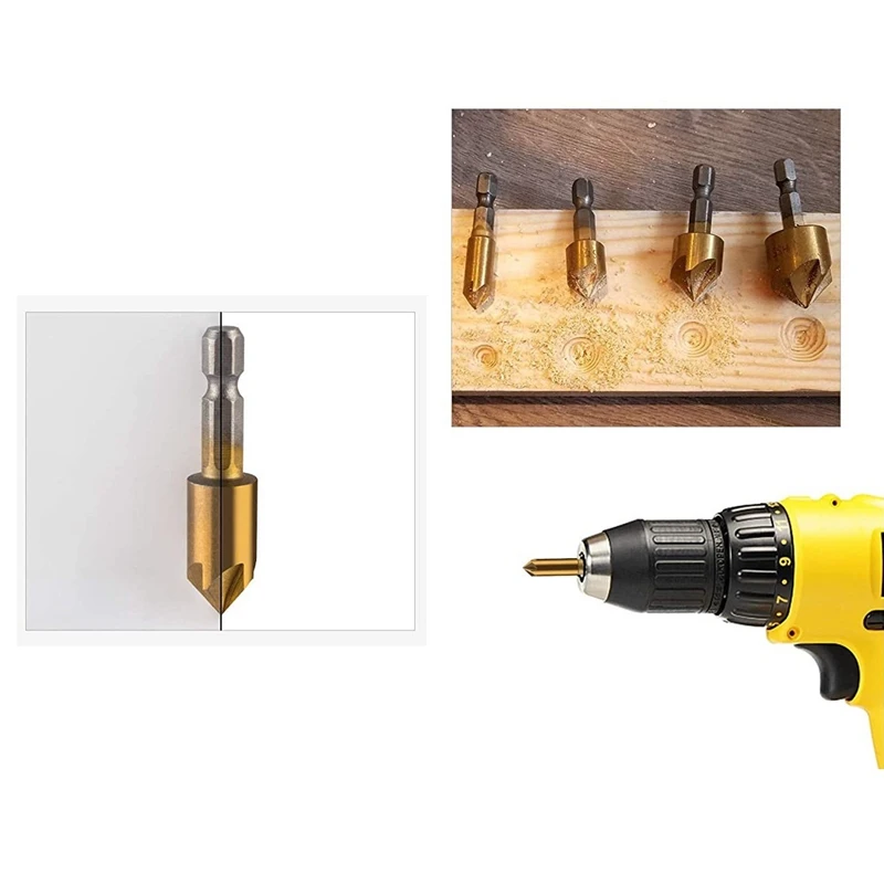 6 Pcs 1/4Inch Hex Shank Countersink Drill Bits Center Punch Set HSS 5 Flute Countersink 90 Degree Center Punch Tool Sets
