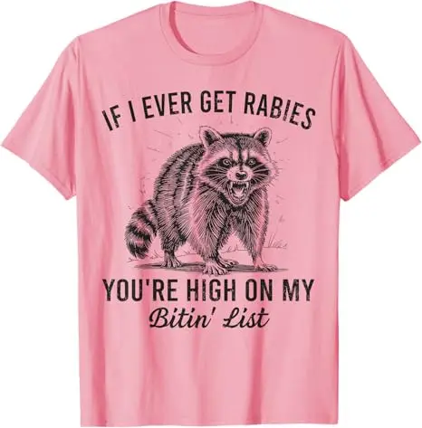 If I Ever Get Rabies You’re High on My Bitin’ List Raccoon T-Shirt Y2k Animal Print Sarcastic Joke Saying Tee Outdoor Novelty