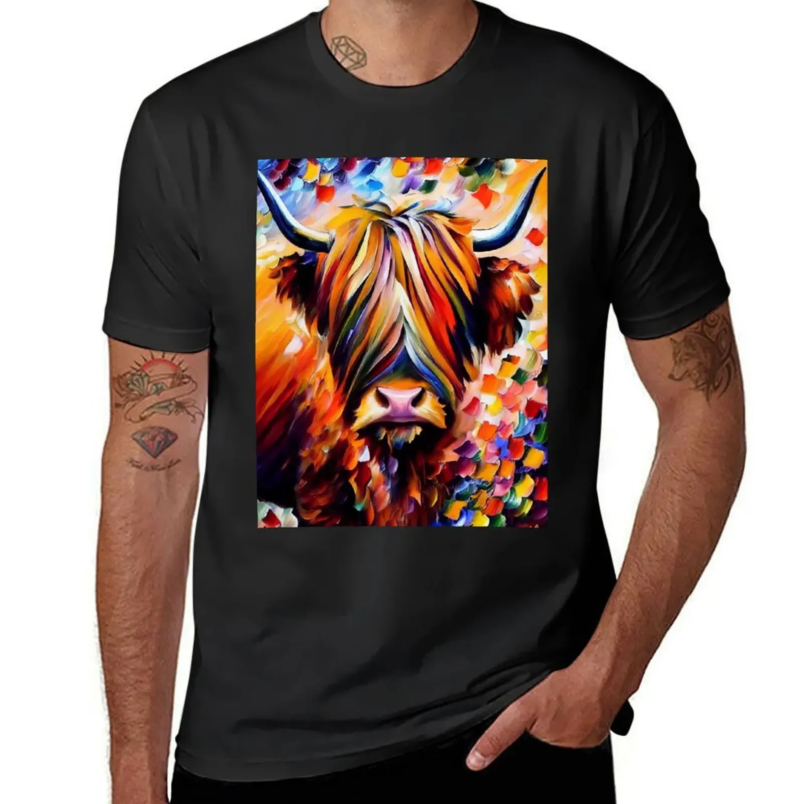 Highland Cow Oil Painting T-Shirt vintage clothes plus size clothes graphics workout shirts for men