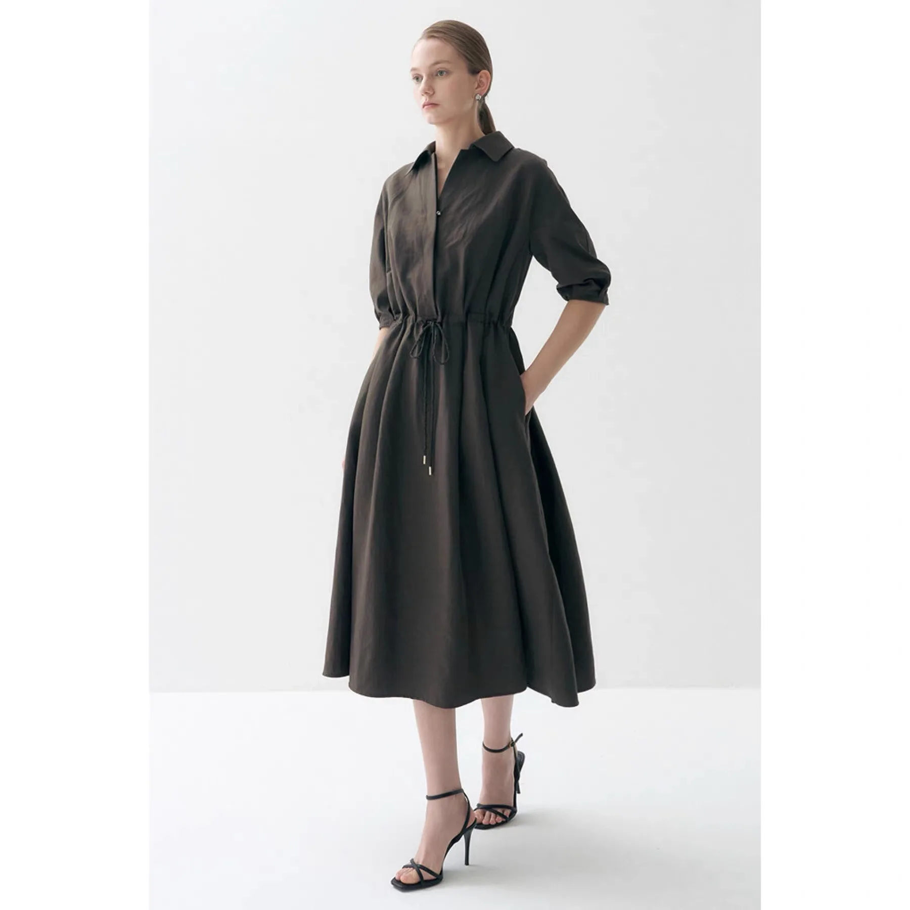 

Elegant Long Dress Lemon Cheese Lan26 Spring Commute Style Collar Half Open Drawstring Waist Slimming Gown