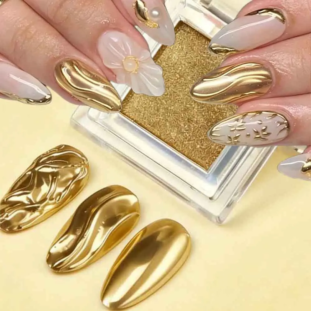 1 Box Spiegel-Metallic Gold Chrom Nagelpuder Goldener Glitzer Spiegeleffekt Nagel-Reibepuder Pigment Y2K Maniküre Design Dekoration