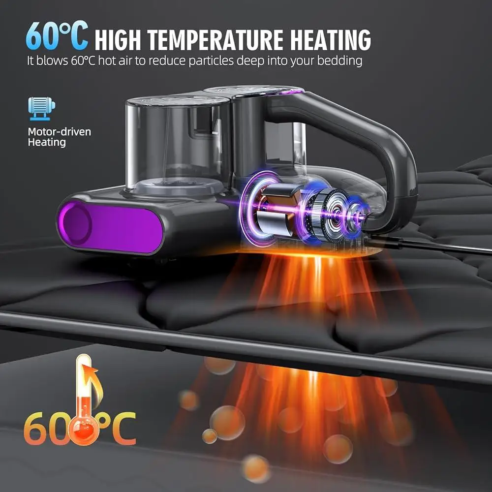 HEPA 필터가 장착된 매트리스 진공 청소기 16Kpa 흡입 UV-C 조명 30000RPM Brushroll 초음파 침대 청소 유선 장치