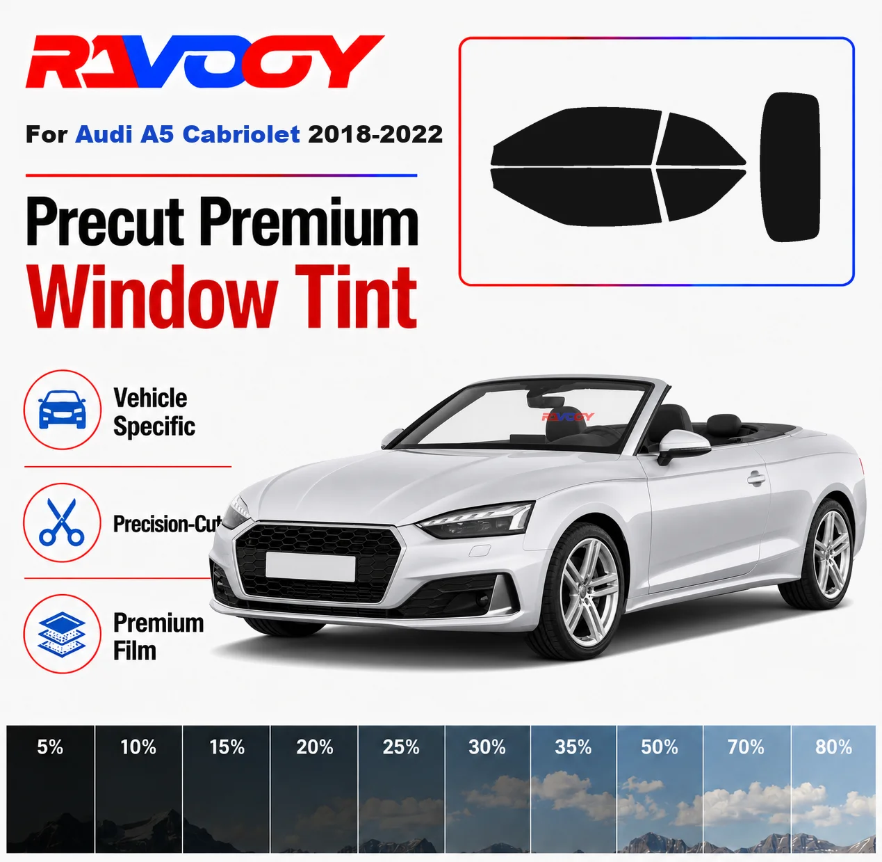 

Premium Precut Window Tint Kit Front Rear Windows Rear Windshield For Audi A5 Cabriolet 2018-2022 Complete Set Nano Ceramic Film