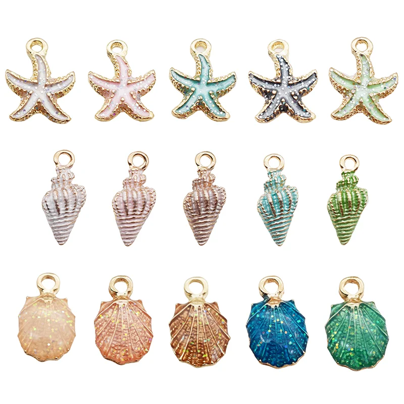 10pcs Colorful Conch Sea Shell Starfish Charm Enamel Pendant for DIY Necklace Earrings Handmade Material Making Accessories