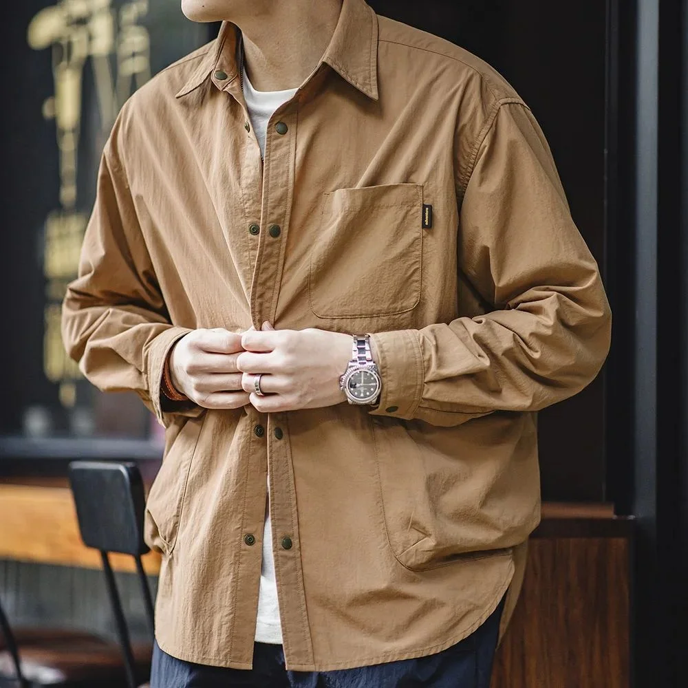 Maden Men's Outdoor Waterproof Shirt Casual Loose Turn-down Collar Thickened Fleece Lined Nine-quarter Sleeve  Neck