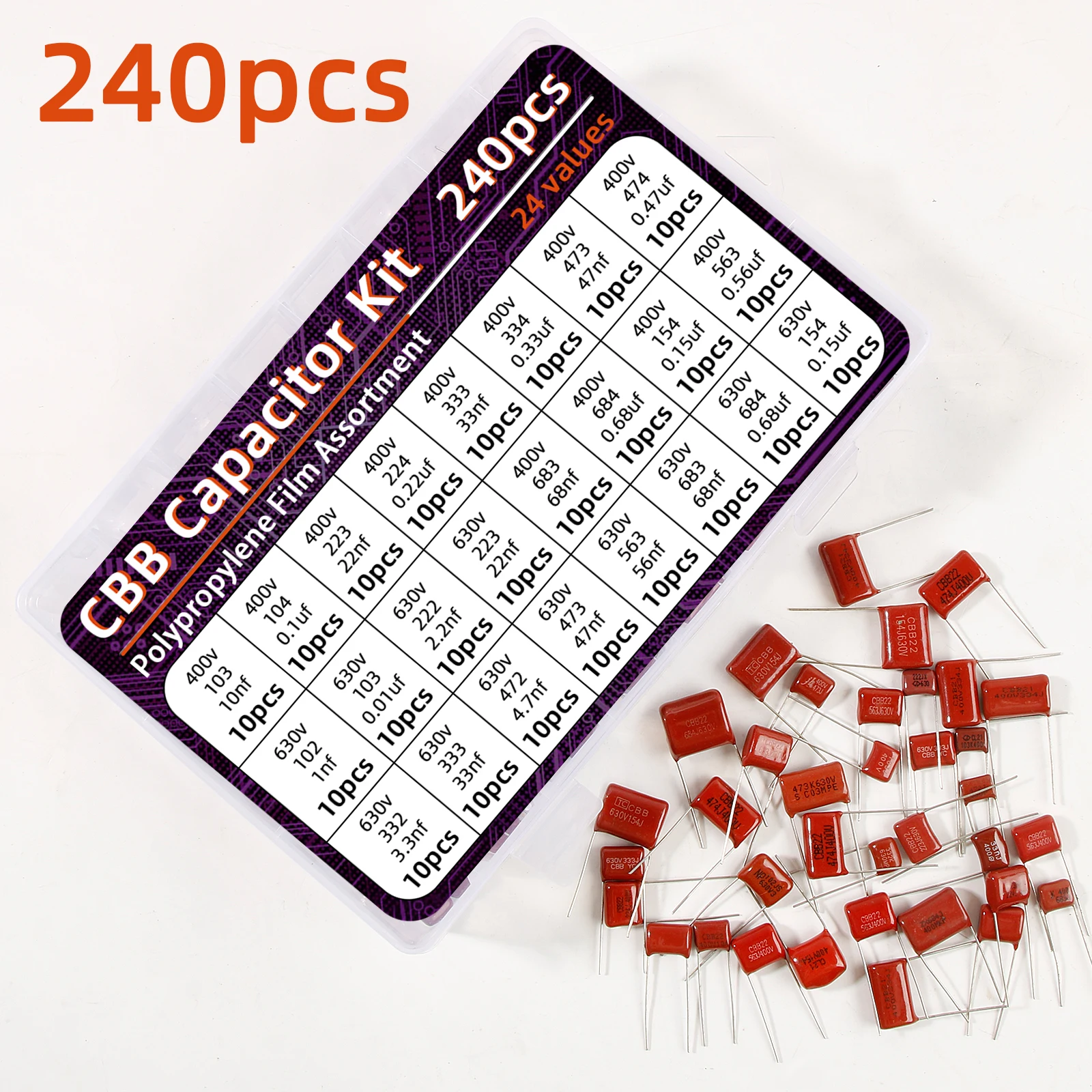 240pcs CBB Capacitor Assortment Kit Metallized Polypropylene Film Capacitors