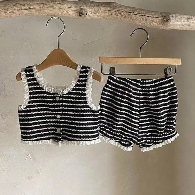 Spring Korean Girls 2 PCS Set Striped Lace Trim Tank Top With Shorts Versatile Kids Outfit for 65-100cm