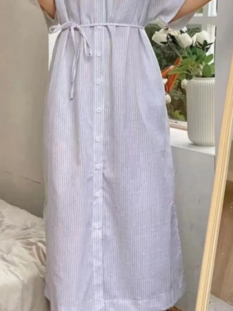 Zomer vintage gestreept linnen shirt vrouwen jurk nieuwe korte mouw casual losse enkele rij knopen v-hals dames jurk vestidos
