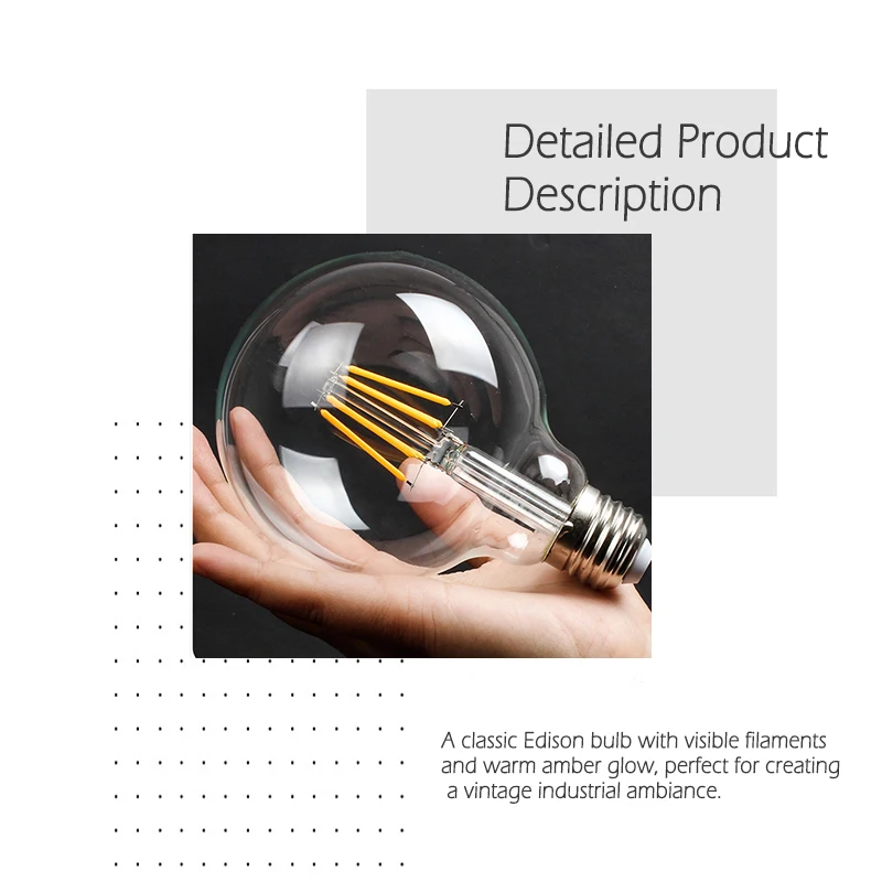 5W E27 Edison Retro LED Bulb, spherical transparent glass shade, warm white light 2700K, non-dimmable, suitable for decorative l