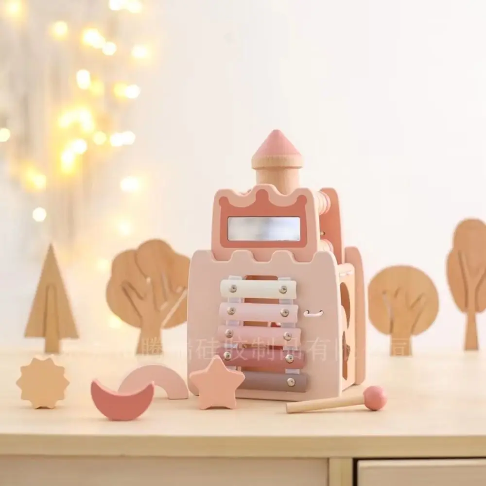 

Montessori 5-in-1 Wooden Castle Shape Sorter Early Education Castle Stacking Puzzle Interactive with Sound