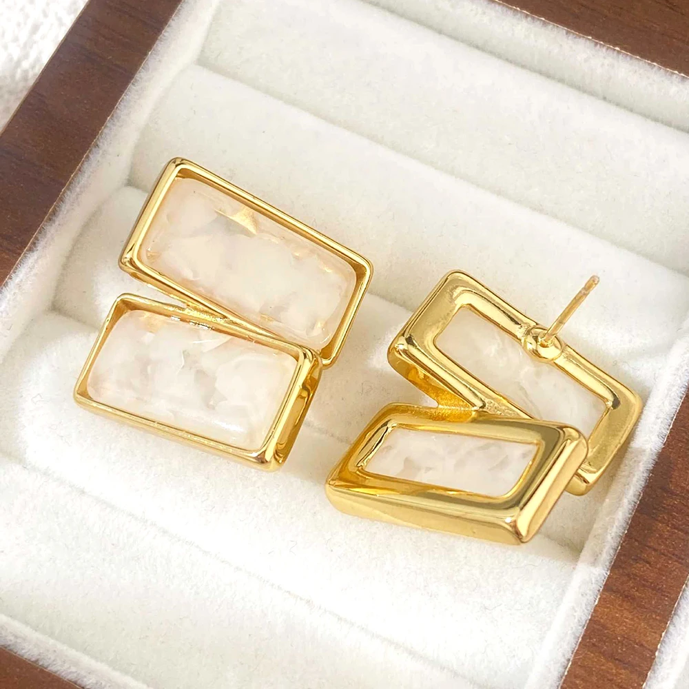 Geometric Rectangle Resin Stud Earrings for Women Stainless Steel Bezel Modern Abstract Statement Earrings for Daily Party Wear