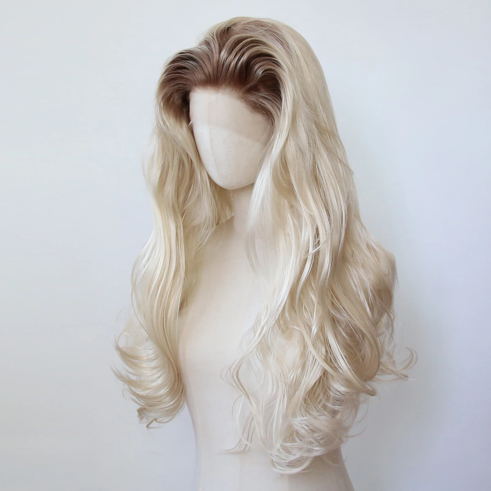 Perruque Lace Front Wig Synthétique Longue Ondulée, Cheveux en Fibre, Blond Clair Ombré, Pre-Plucked, Degré de Chaleur