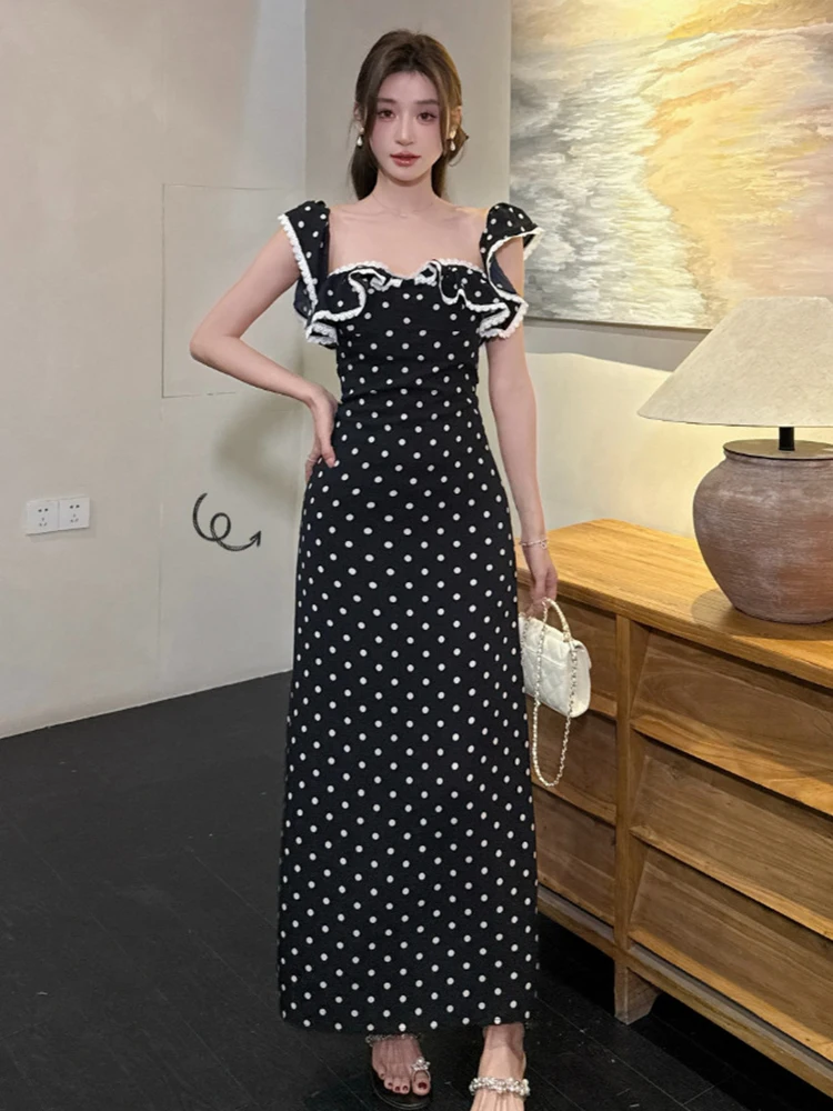 Frauen Kleidung Retro Dot Print Sexy Sling Square Neck Schlank Maxi Lange Kleid Elegante Dame Mode Party Prom Vestidos Robe Koreanische