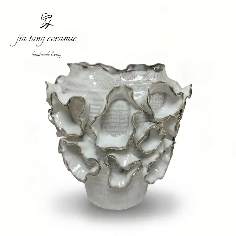 JIATONG Handmade Ceramic Vase White Crackle Glaze Irregular Ruffled for Home Decor OEM Jingdezhen