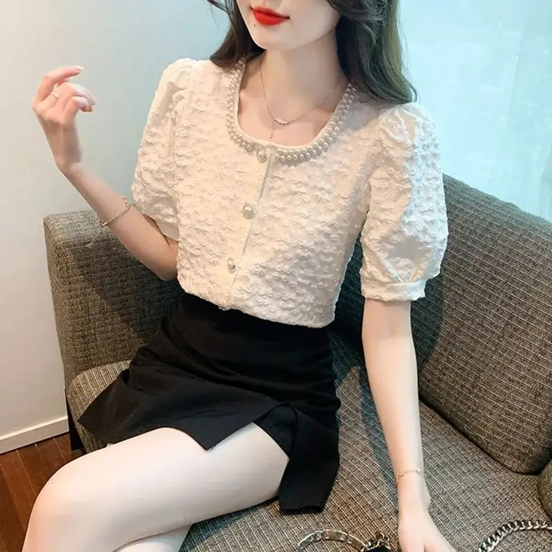 Fashion Square Collar Solid Color Beading Puff Sleeve Shirts Female Clothing 2024 Summer Loose Sweet Tops All-match Blouses