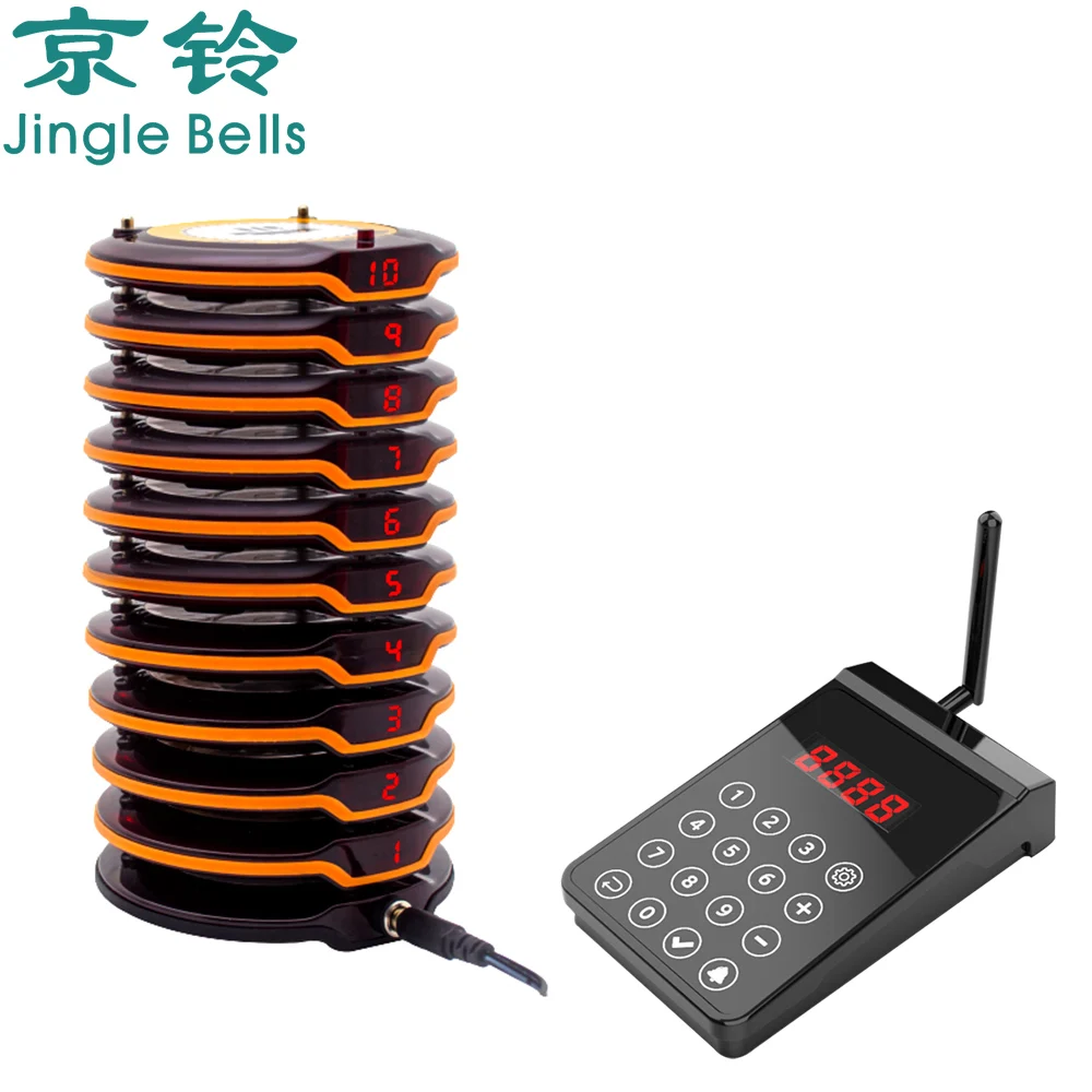 

JINGLE BELLS Wireless Coaster Buzzers Paging System 1 Keyboard 10 Pagers 1 Charger Wireless Calling Queue Waiter Church Nursery